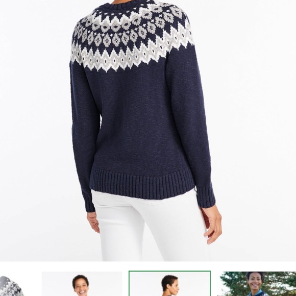 LL Bean 100% Cotton Navy Fair Isle Pattern Sweater Medium Womens Crewnec - Picture 2 of 8